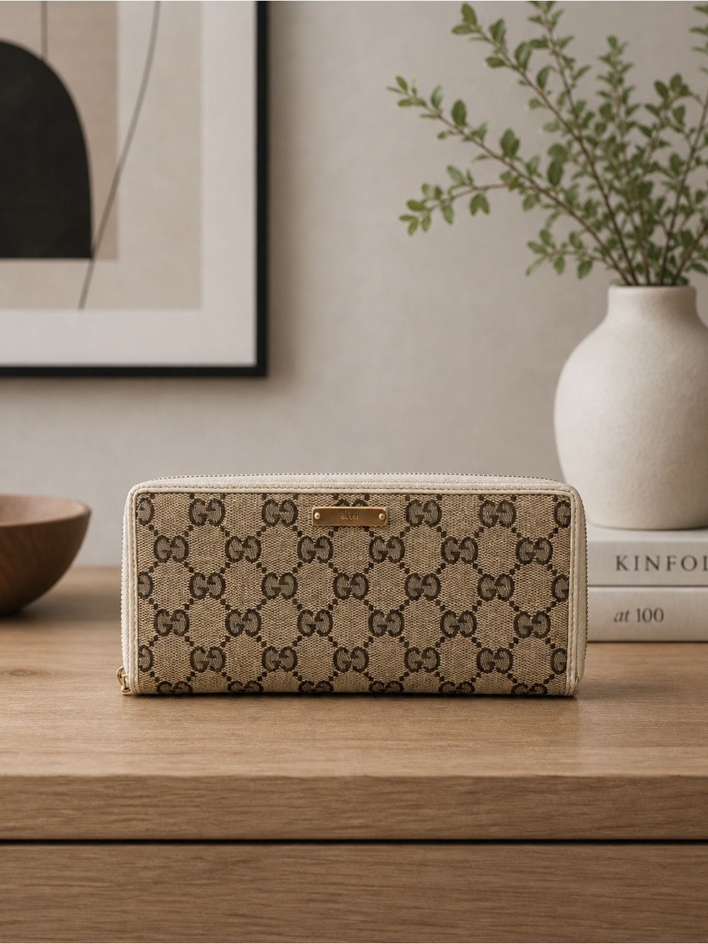 GUCCI Monogram Metal Bar Zip Around Wallet Beige